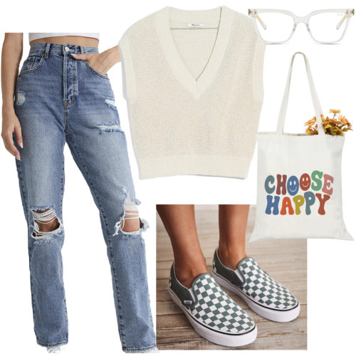 Checkerboard slip on Vans outfit with high-rise dad jeans, a sweater vest, blue light glasses and a graphic print tote bag